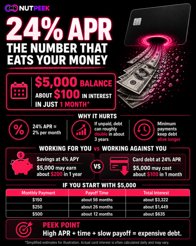 Infographic showing the cost of a $5,000 credit card balance at 24% APR and how payment size affects payoff time
