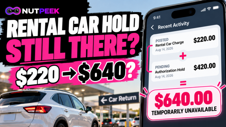 Rental car credit card hold example: $220 posted plus $420 pending, $640 temporarily unavailable