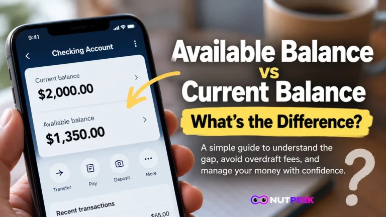 Banking app showing a $2,000 current balance and a $1,350 available balance, illustrating a $650 difference.