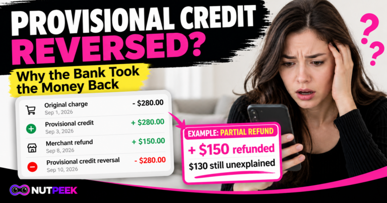 Provisional credit reversed example showing a $280 charge, $280 provisional credit, $150 merchant refund, $280 reversal, and $130 still unexplained